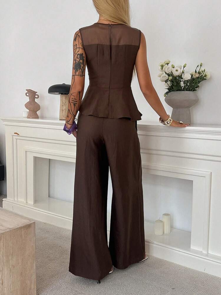 Women's Round Neck Sleeveless Ruffle Hem Top And Casual Pants 2 Pieces Set