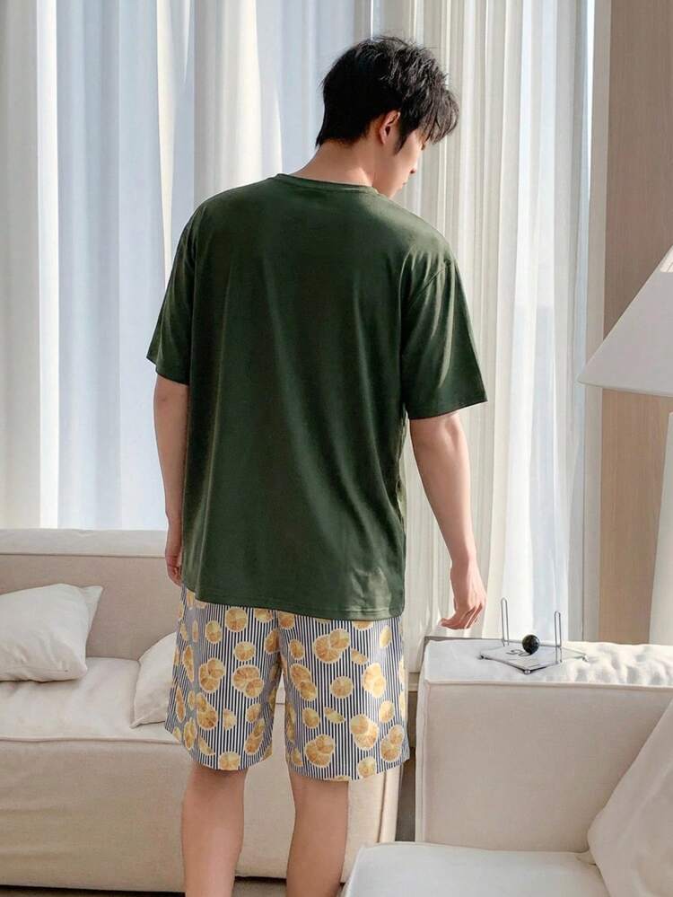 Men's Summer Graphic Print Short Sleeve Top And Shorts Pajama Set