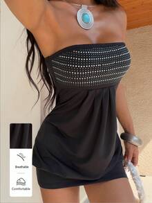 FavEase Women's Strapless Ruched Rhinestone Sparkly Peplum Bodycon Cocktail Dress - Black - View 1