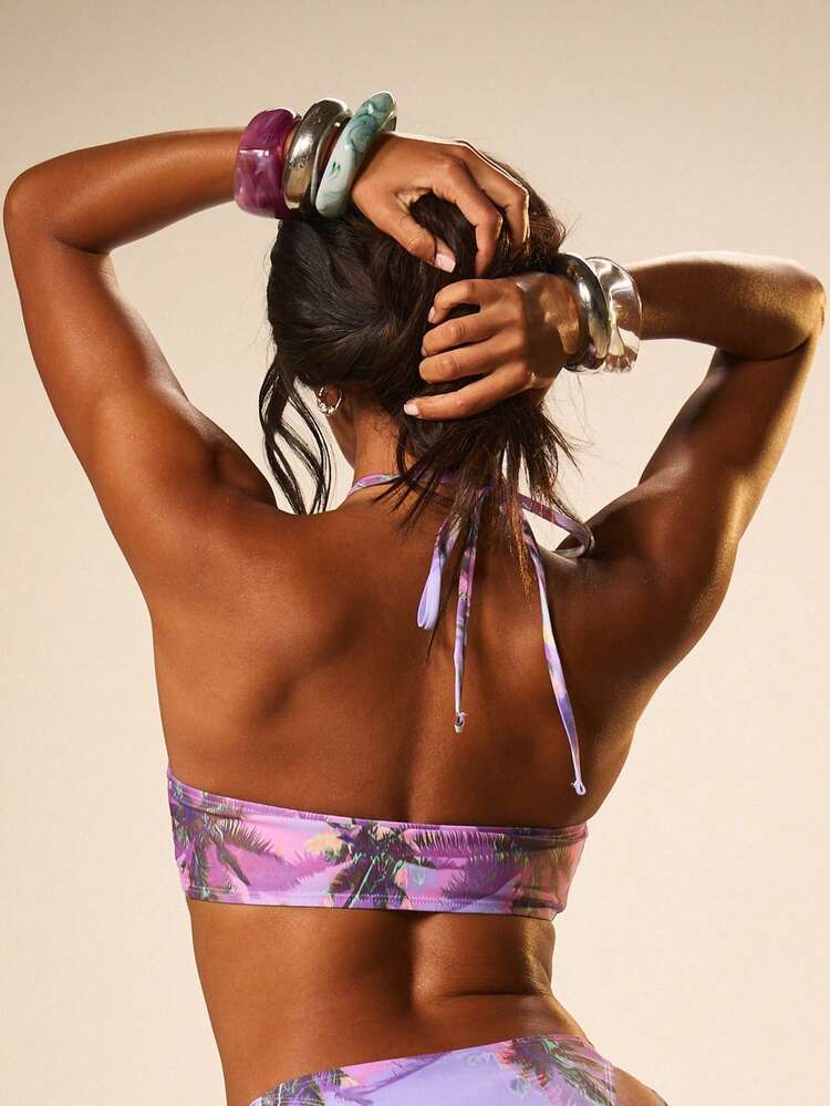 MISSGUIDED Tropical Print Purple Halter Bikini Set With Tie Details And Side Tie Bottom Summer Beach Swimwear