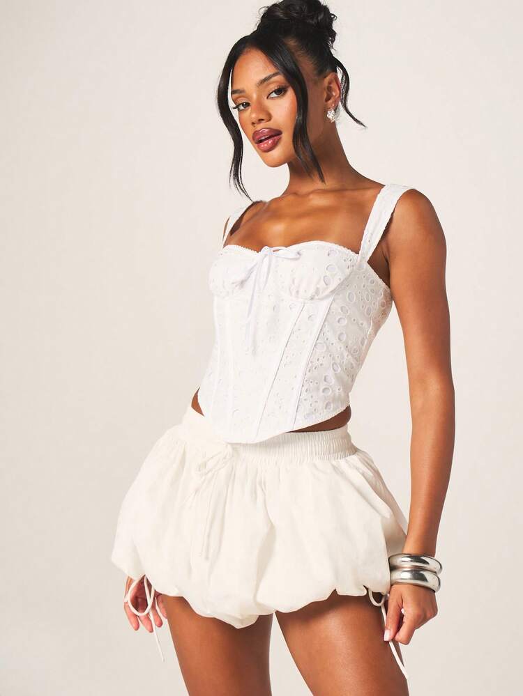 MISSGUIDED Women's White Cotton Poplin Puff Ball Shorts With Tie Detail Drawstring Waist Summer Casual Elastic Balloon Style Mini Shorts