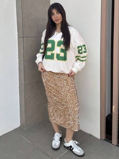 Hitanina Women's Fall/Winter Cool Girl Streetwear Going Out Sport Number Pattern Graphics Comfortable Beige Long Sleeve Jersey Sweatshirt