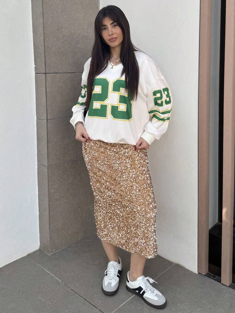 Hitanina Women's Fall/Winter Cool Girl Streetwear Going Out Sport Number Pattern Graphics Comfortable Beige Long Sleeve Jersey Sweatshirt - Multicolor - View 1