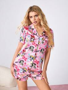 THE POWERPUFF GIRLS X SHEIN 女士翻领单排扣字母卡通印花短袖上衣和短裤休闲家居服套装 - 粉色 - 查看 6