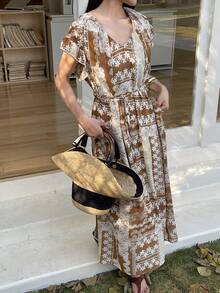 DAZY Đầm maxi nữ cổ chữ V in họa tiết, tay ngắn, thắt eo, kiểu boho, thích hợp cho kỳ nghỉ hè. - màu nâu - Xem 5