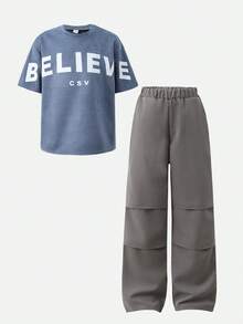 SHEIN Casuvi Kids 男童休闲日常通勤字母印花短袖T恤和松紧腰裤套装，春夏秋季 - 彩色 - 查看 7