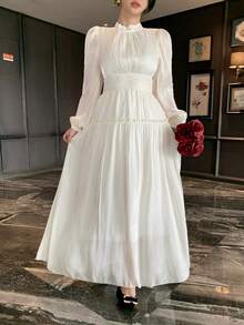 DAZY 女士纯色立领灯笼袖腰部褶皱优雅连衣裙，婚礼宾客礼服，女士长款连衣裙 - 白色 - 查看 6