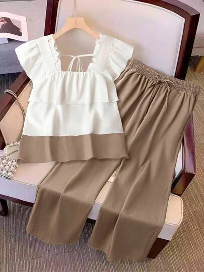 SHEIN 少女无袖上衣搭配直筒裤休闲度假套装，适合春夏假期、派对、优雅场合、返校季、可爱装扮、家庭户外春季野餐以及日常穿着。