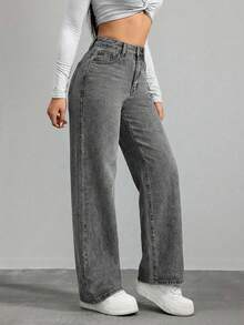 EURMUSE Jeans casuales y versátiles de tiro alto, pierna ancha y bolsillos para mujer - Gris - Ver 4
