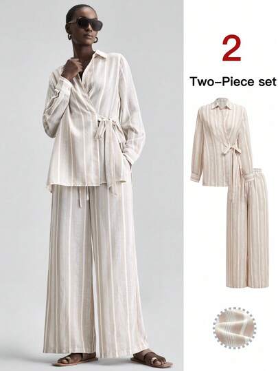 Ontre Nuevo conjunto de 2 piezas para mujer 2026SS: Camisa de manga larga con estampado de rayas y abertura lateral, pantalones rectos de cintura elástica. Atuendo elegante y moderno para invitada de boda, con sensación de lujo romántico minimalista francés, estilo urbano chic de oficina casual, vibra de dinero antiguo discreta, atuendo de alta calidad para aeropuerto/crucero, esencial para eventos en Oriente Medio, versátil para las 4 estaciones, conjunto de 2 piezas para mujer de la serie de bodas