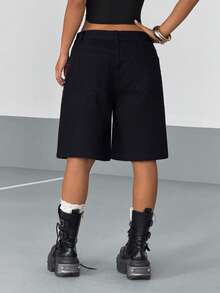 StreetHx Women's Pocketed Rhinestone Embellished Wide Leg Loose Bermuda Denim Shorts - Black - View 2