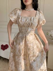 Celisse 方领收腰优雅连衣裙，采用3D压纹面料，A字中长款女式连衣裙 - 彩色 - 查看 5