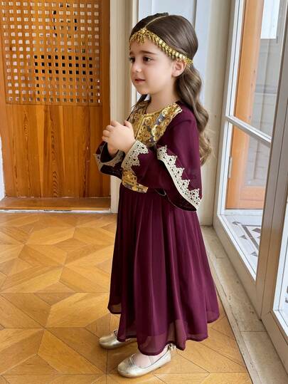 Dazy Kids Young Girl Floral Print Loose Fit Round Neck Long Sleeve Dress