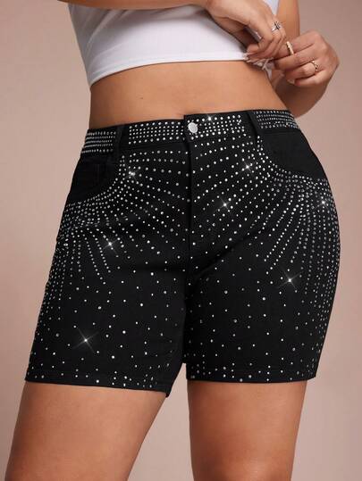SHEIN PETITE CURVE 夏季大码女装娇小曲线时尚派对舞会生日奢华闪亮水钻装饰休闲牛仔黑色短裤