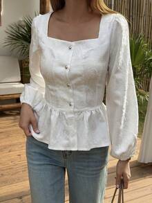 DAZY Textured Jacquard Fabric Fitted Waist Flared Hem Square Collar Long Sleeve Elegant Summer Blouse For Women Babydoll Top - White - View 2