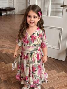DAZY Young Girl Floral Pattern V-Neck Ruffle Sleeve Fashion Dress - Multicolor - View 5