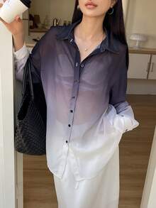 DAZY 女士渐变色翻领宽松长袖优雅都市休闲开襟衬衫（夏季款） - 灰色 - 查看 5