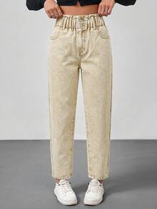 SHEIN Tall 女士休闲修身锥形阔腰牛仔裤蓝色高个女式牛仔裤女士裤子冬季女式裤子牛仔装 - 卡其色 - 查看 4