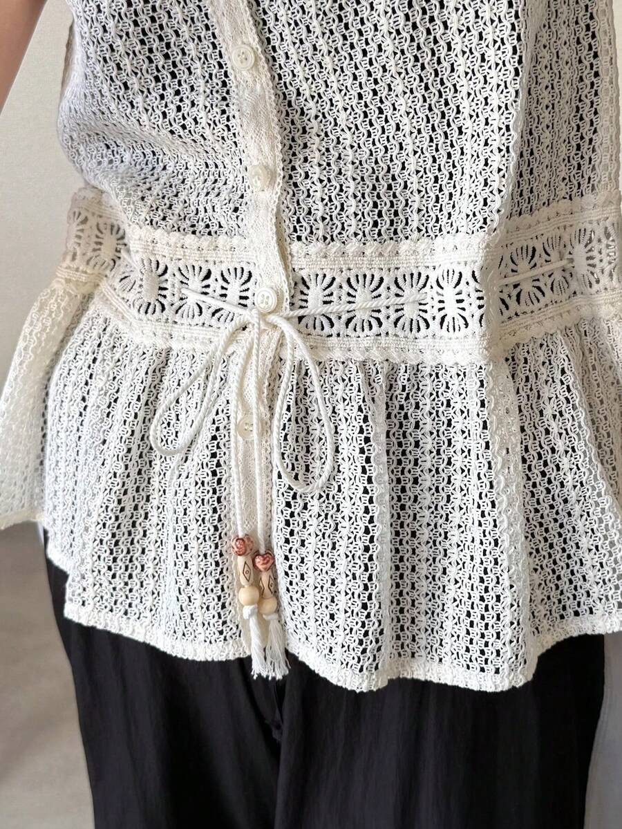 FRIFUL Women's Summer Casual Solid Color Hollow Out Knit Sleeveless Front Button Top - Apricot - View 1
