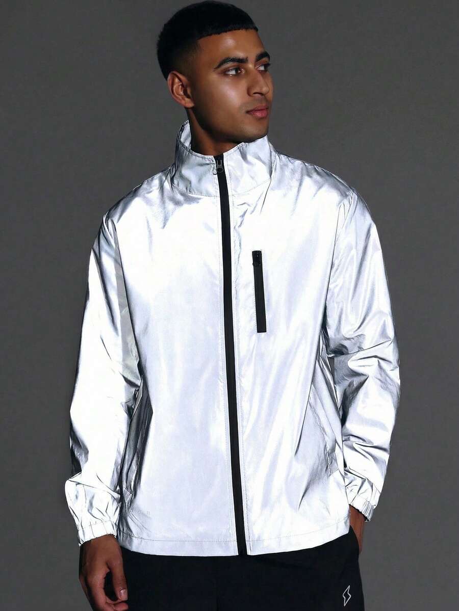 SUMWON Reflective Windbreaker Jacket With Chest Pocket And Full Zip Closure - Grey - View 1