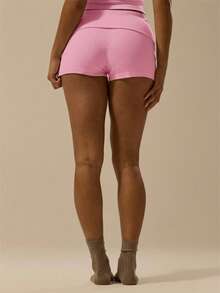 MUSERA ESSENTIALS Rib Fold Over Waist Mini Shorts Basic Spring Summer Vacation Holiday Winter Pants - Baby Pink - View 5