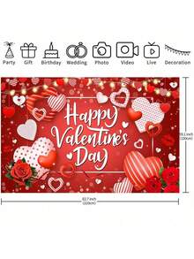 1 pieza Pancarta de fondo para el Día de San Valentín con rosas rojas, fondo temático de corazones para photocall, decoraciones y suministros para la fiesta del Día de San Valentín - Multicolor - Ver 4