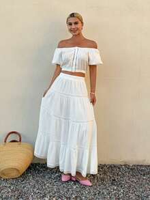 DAZY Conjunto Casual de Verão para Mulheres, Elegante Blusa com Recorte de Renda e Decote Redondo e Saia Evasê em Conjunto de 2 Peças, Conjunto de Loungewear e Shorts para Mulheres - Branco - Visão 5