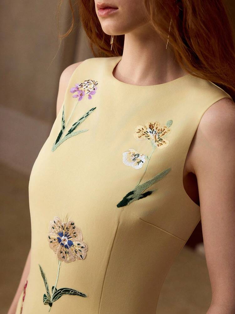 EMBROIDERED 3D FLORAL BEADED SLEEVELESS MIDI LEMON YELLOW DRESS, ELEGANT