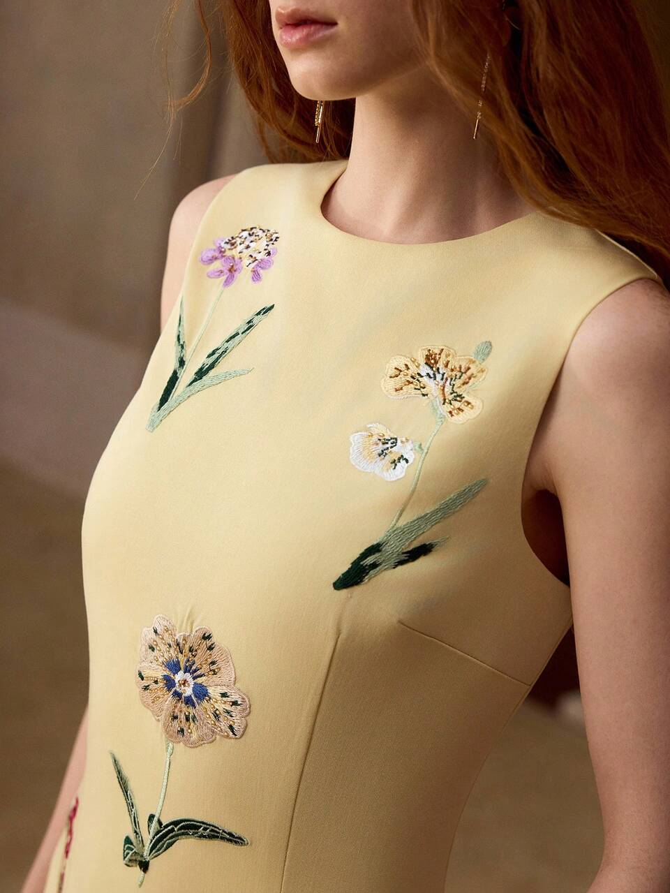 EMBROIDERED 3D FLORAL BEADED SLEEVELESS MIDI LEMON YELLOW DRESS, ELEGANT