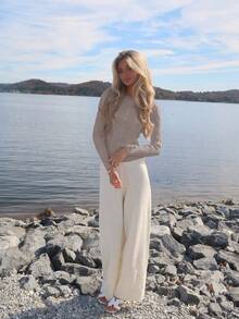 Sydney Algeri 女式简约优雅休闲学院风百搭圆领粗针织修身毛衣 - 杏色 - 查看 3