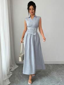 SHEIN Elenzya Women's Spring/Summer Collared Waist-Cinched Solid Color Textured Fabric A-Line Long Dress, Suitable For Commuting, Outings - Gray Blue - View 4
