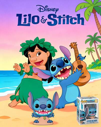  Funko POP! Disney Vinyl Figure, Lilo & Stitch Stitch In Sand Beach Theme With Sand Pile Base, Window Box Display Packaging, No. 1566, Cute Chibi Desk Shelf Decor Gift For Fans