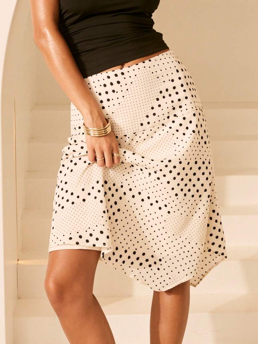 Aralina 女士波点低腰宽腰带不对称下摆飘逸中长裙，波点半身裙，可爱外出装扮 - 黑與白 - 查看 1