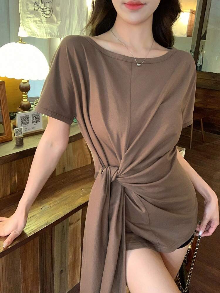 Women's Casual Solid Color Cinched Waist T-Shirt, Summer