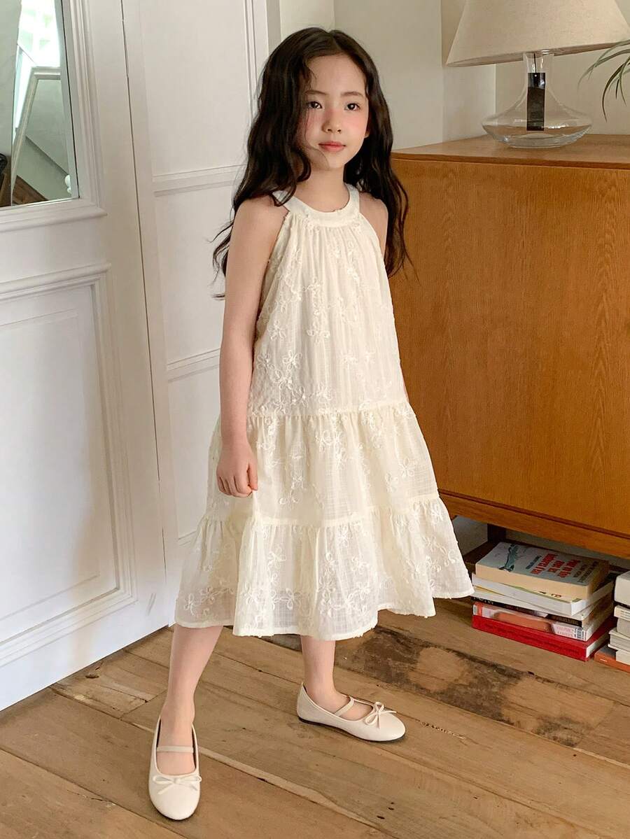 DAZY Young Girl Floral Embroidery Ruffle Hem Cute Halter Neck Dress - Beige - View 1
