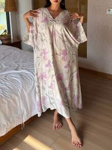 DAZY Floral V-Neck Short Sleeve Loose Long Dress, Women Summer Sleepwear Pajamas - Mauve Purple - View 7