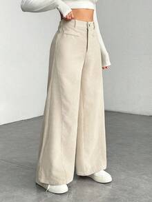 Wide-Legged Pants With One-Colored Front Buttons, Suitable For Daily Wear - Apricot - View 4