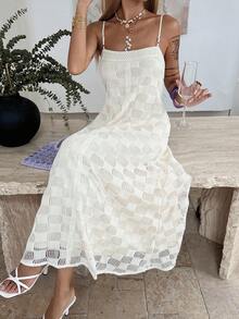 Livesso 白色蕾丝连衣裙，修身剪裁，适合音乐节、情人节、婚礼、休闲、海滩度假等场合，吊带中长连衣裙，春夏款 - 米色 - 查看 2