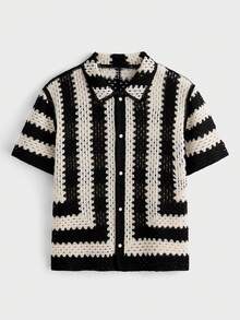 EASEVO Plus Size Men's Casual Vacation Colorblock Striped Short Sleeve Cardigan  Lightweight And Breathable  Dry And Cool  Soft And Skin-Friendly  Gentle And Close-Fitting - Black and White - View 2