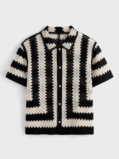 EASEVO Plus Size Men's Casual Vacation Colorblock Striped Short Sleeve Cardigan  Lightweight And Breathable  Dry And Cool  Soft And Skin-Friendly  Gentle And Close-Fitting