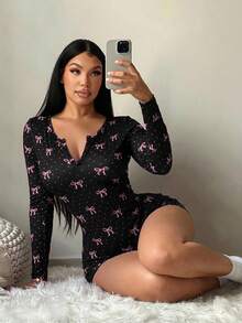 SHEIN SXY Bộ jumpsuit nữ gợi cảm, thoải mái, họa tiết chấm bi bướm, quần short co giãn mềm mại, thích hợp mặc ở nhà. - màu đen - Xem 5