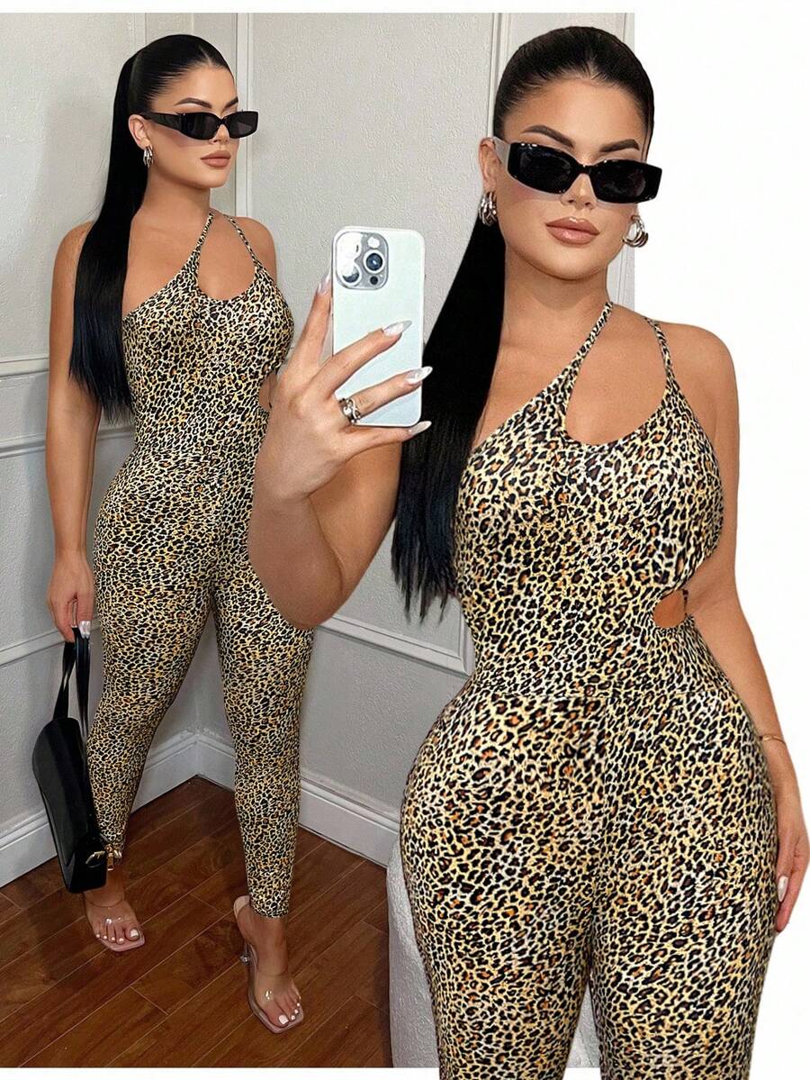 SHEIN SXY Áo liền quần hai dây gợi cảm họa tiết da báo khoét rỗng - màu nâu - Xem 1