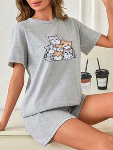 SHEIN 纯棉女士两件套可爱小猫卡通图案短袖睡衣上衣和纯色弹力腰短裤家居服休闲舒适睡衣套装 - 灰色 - 查看 5