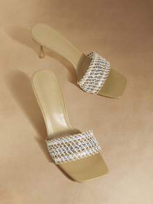 Rosivie Women Shoes Square Toe Thin High Heel Apricot Weave Slip-On Fashion Elegance French Women's High Heel Sandals Slippers With Skirts Daily Versatile Banquet Party Women's Sandals - Apricot - View 3