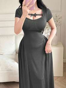 Feyla Women's Solid Color Bow Decor Short Sleeve Elegant Dress - Dark Grey - View 4