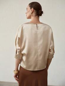 MOTF PREMIUM Blusa de cuello redondo y mangas tipo murciélago sin cinturón - Champán - Ver 3