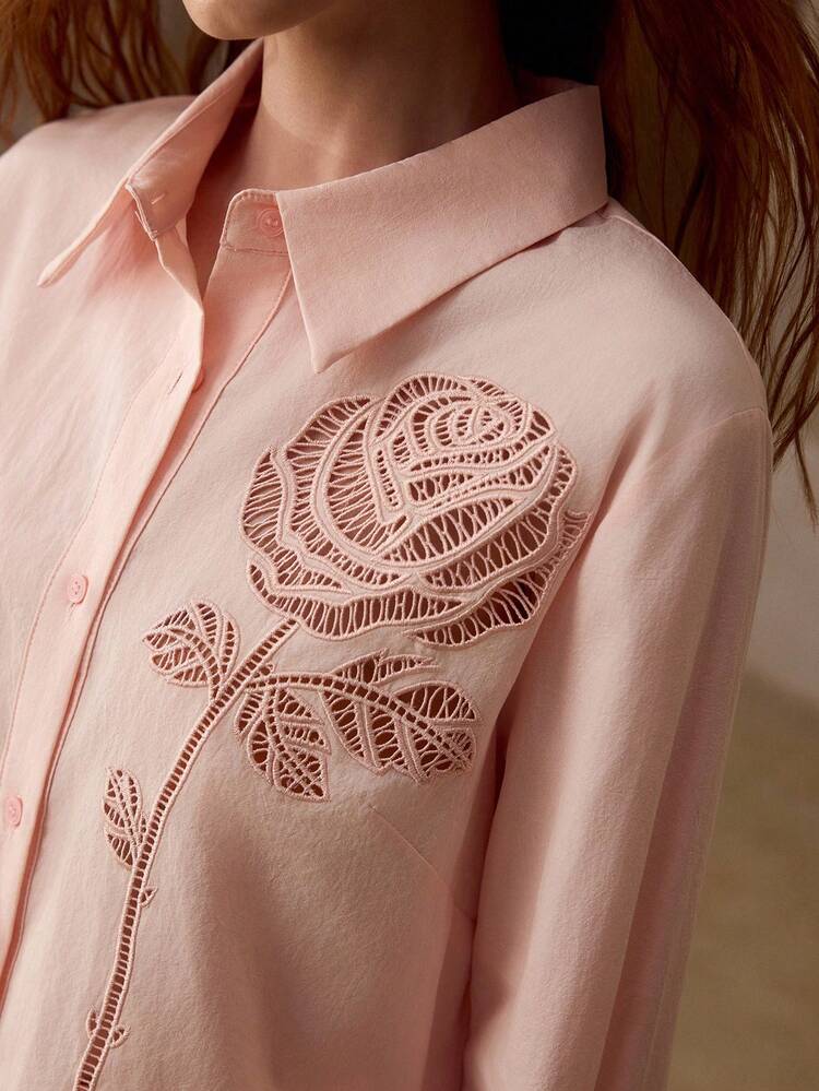 WOMEN'S ROMANTIC ROSE EMBROIDERED COTTON SHIRT