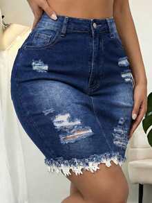 SHEIN LUNE 女士口袋纽扣做旧毛边下摆休闲百搭日常牛仔迷你裙 - 深色水洗藍 - 查看 4