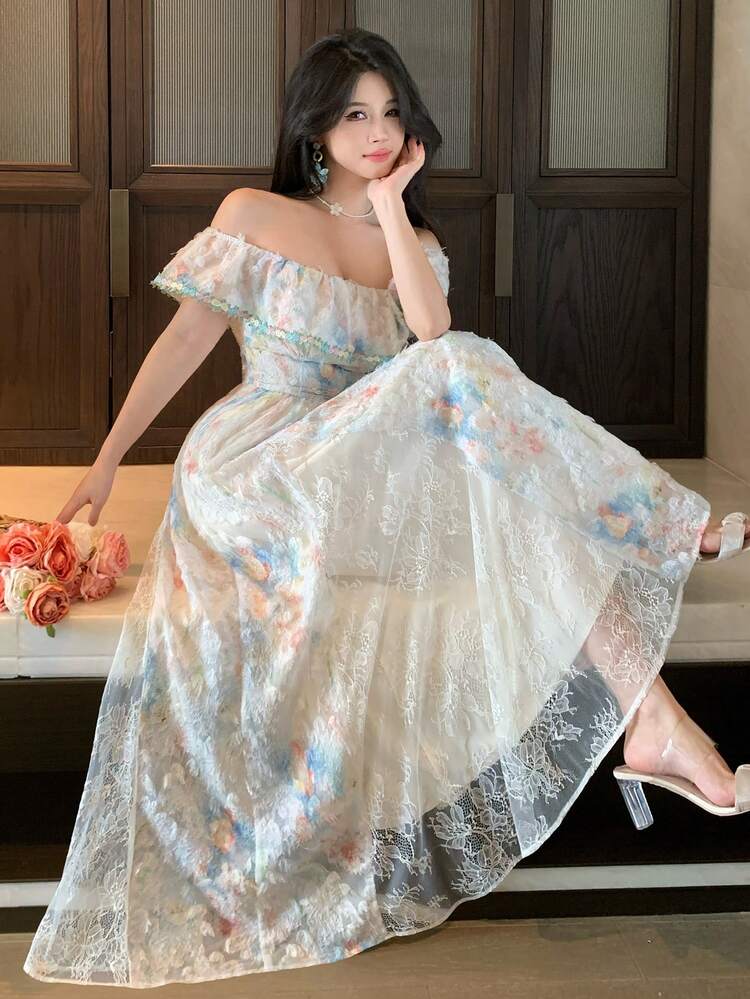 Vintage Square Neck Ditsy Floral Patchwork French Style Slim Fit Dress, Summer Sundress Off The Shoulder