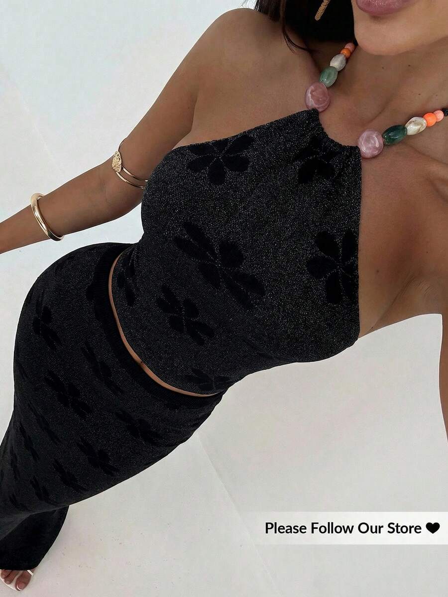 Aloruh 女款夏季度假海灘派對夜店辣妹裝 兩件套套裝:細肩帶露背串珠花卉針織黑色花朵背心上衣 + 超長款印花裙 - 黑色 - 查看 1